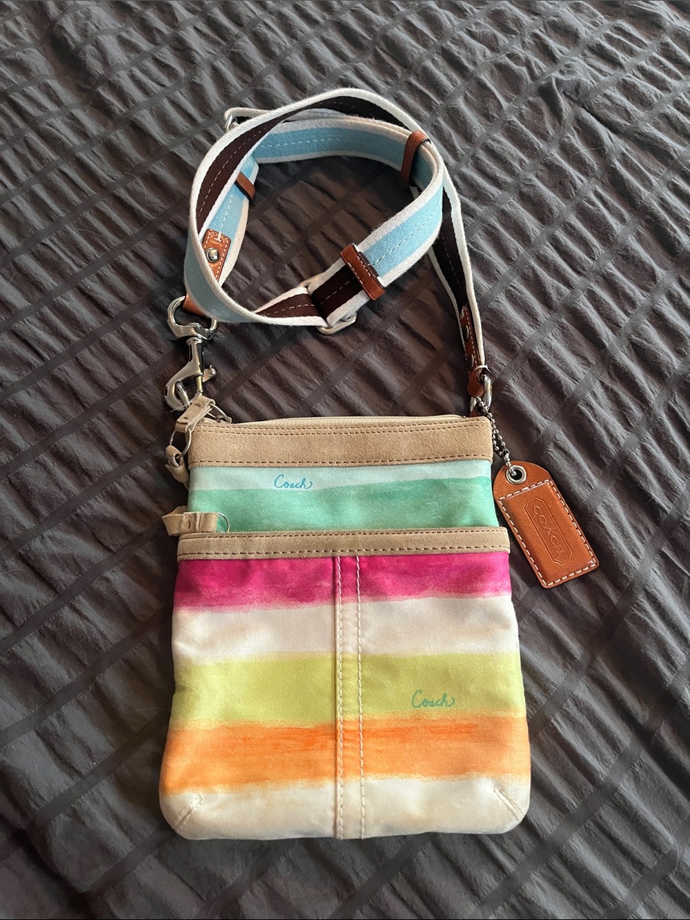 Coach Striped Multicolor Canvas Crossbody — Pink, Orange, Green, Blue
